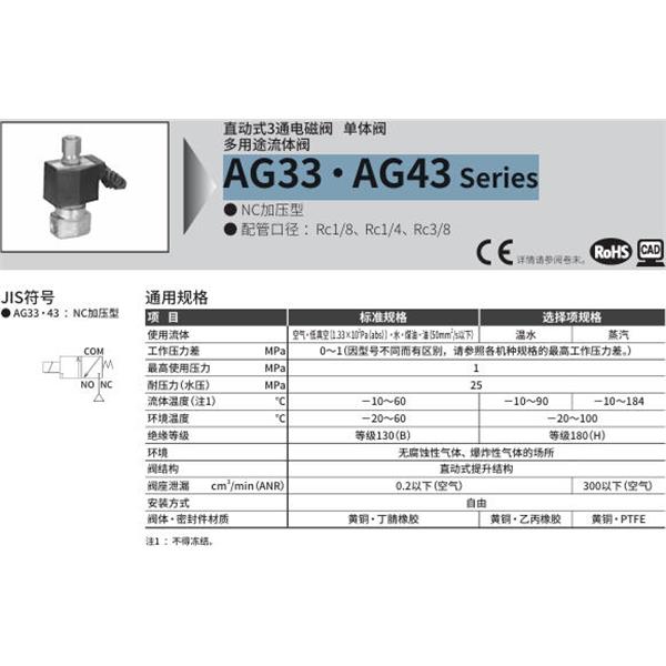 CKD喜開理多種流體直動式2通電磁集成閥AG43-02-5-DC 100V