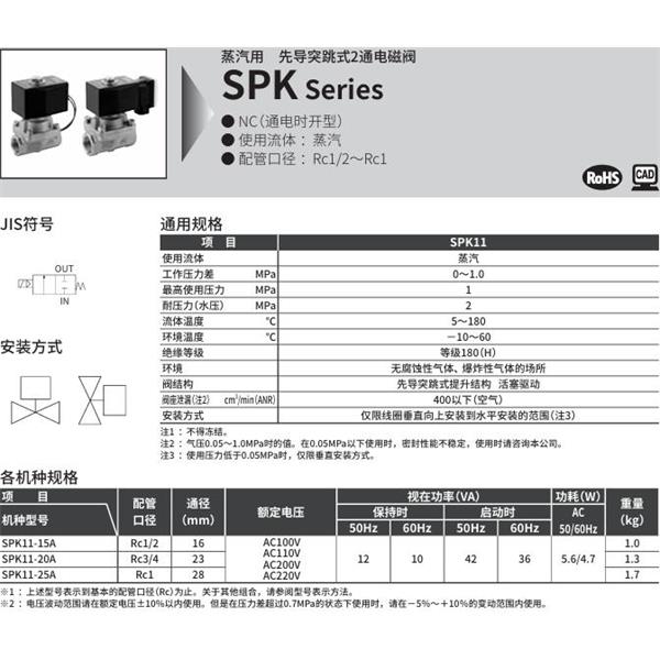 CKD喜開理蒸汽用先導(dǎo)突跳式2通電磁閥SPK11-15G-K4A-AC100V