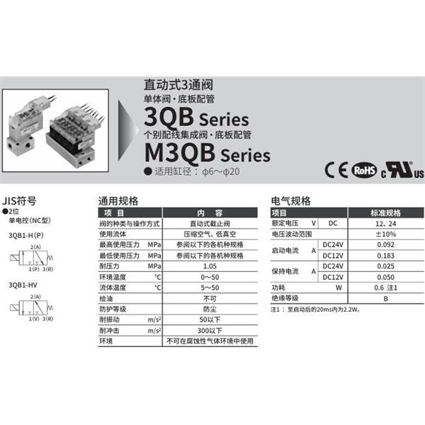 CKD喜開理直動式3通電磁閥3QB110-M5-C2NH-3