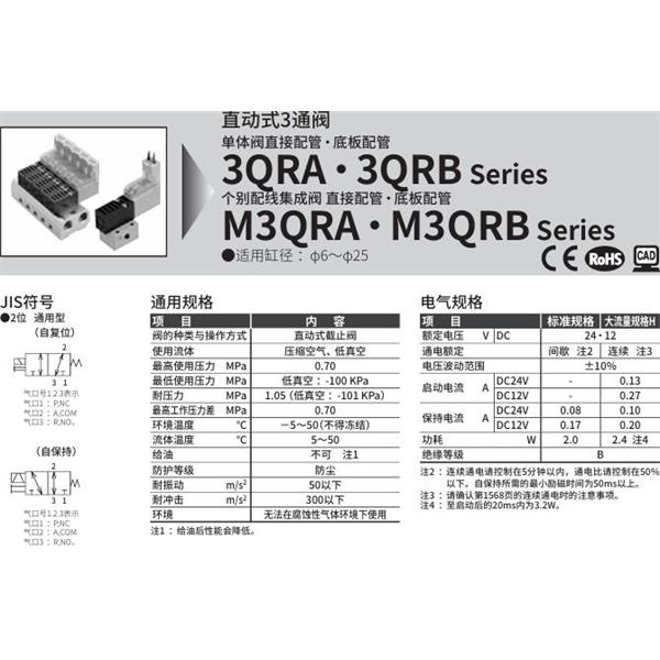 CKD喜開理直動式3通電磁閥3QRB120-M5-C2-3