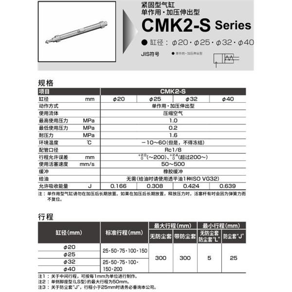 CKD喜開理緊固型氣缸CMK2S-CA-25-100-T0H-R-JI