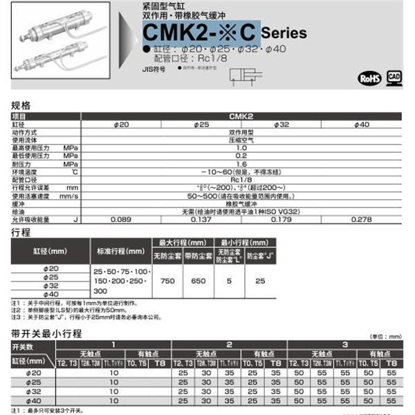 CKD喜開理緊固型氣缸CMK2-CB-32C-600-T5V-T-VB2