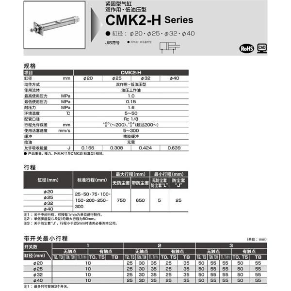 CKD喜開理緊固型氣缸CMK2-H-CB-20-100-JI