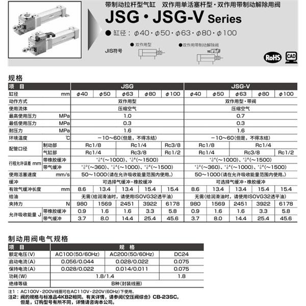 CKD喜開理帶制動(dòng)拉桿型氣缸JSG-V-TB-63B-100-JI